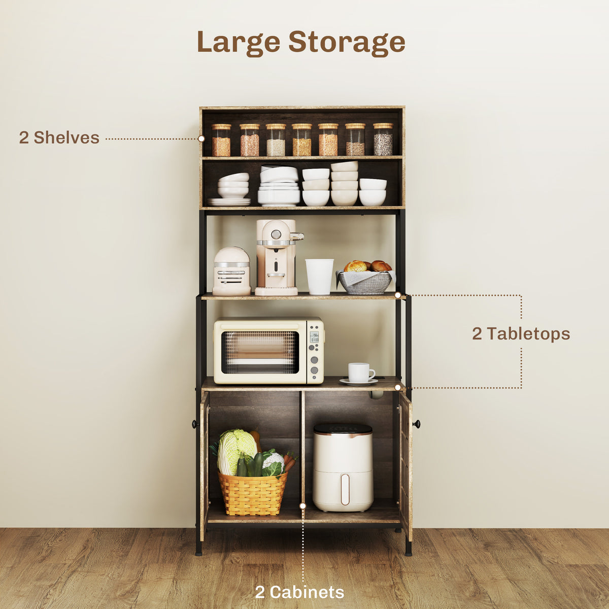 Baker's Rack with Power Outlet and Storage Shelves, Gray Wood Grain