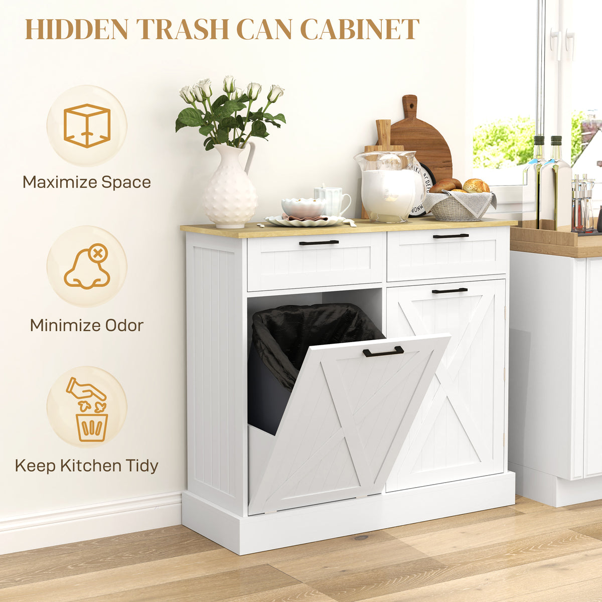 Farmhouse Kitchen Cabinet with Hidden Trash Can and 2 Drawers,