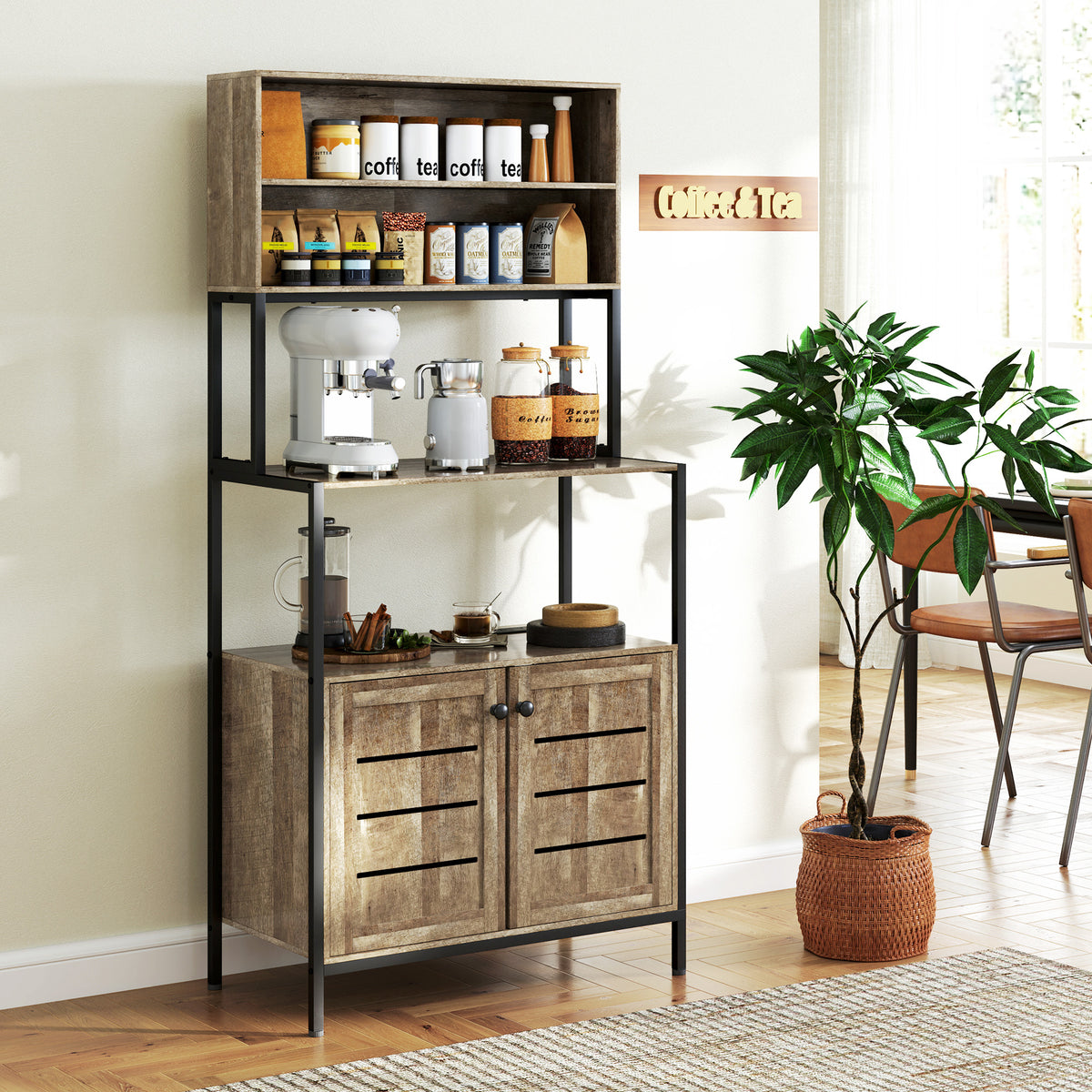 Baker's Rack with Power Outlet and Storage Shelves, Gray Wood Grain