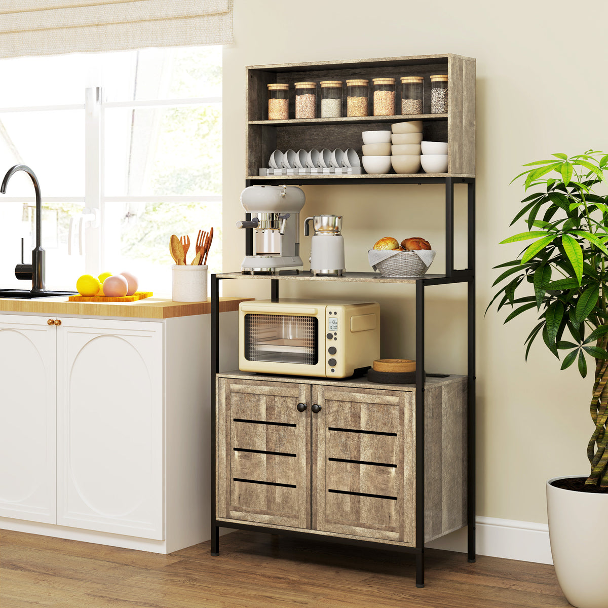 Baker's Rack with Power Outlet and Storage Shelves, Gray Wood Grain