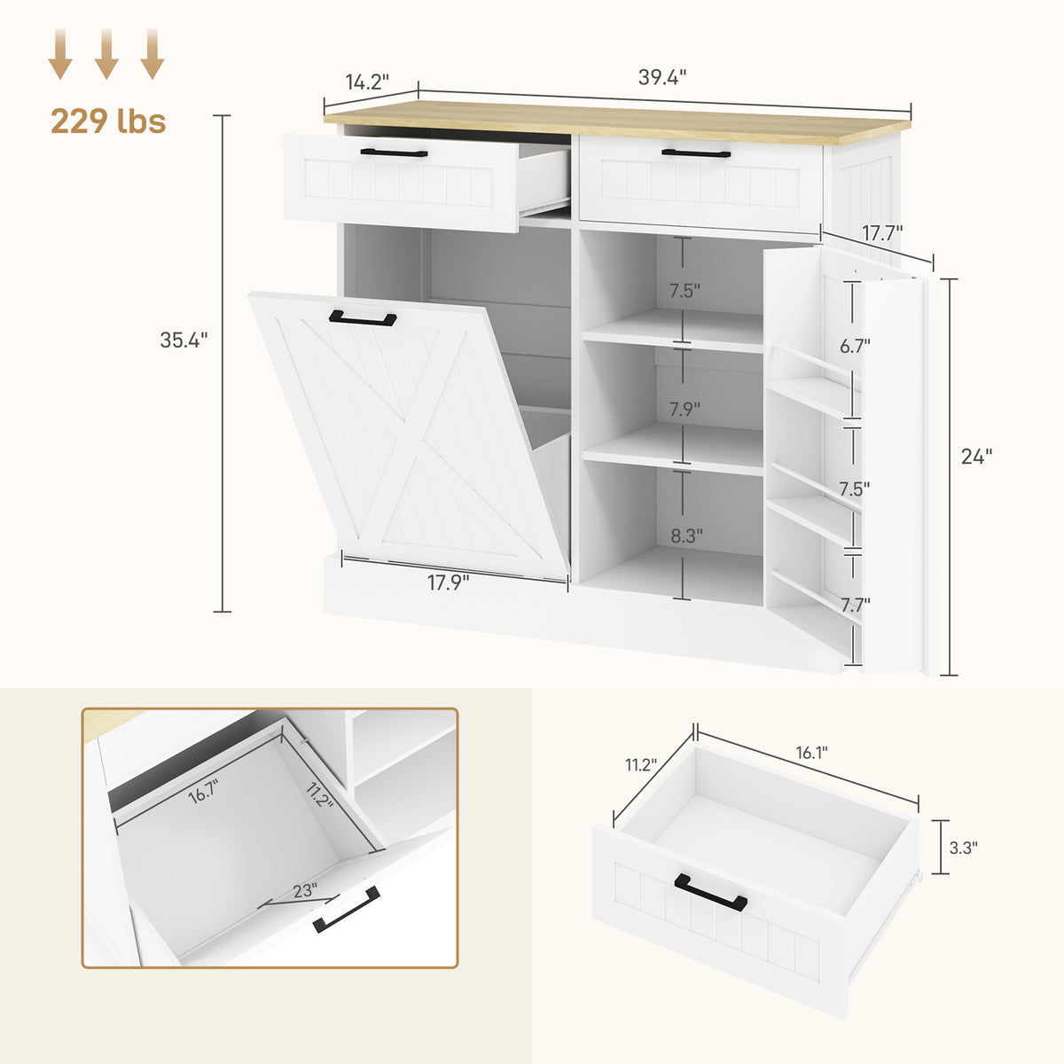 Farmhouse Kitchen Cabinet with Hidden Trash Can and 2 Drawers,