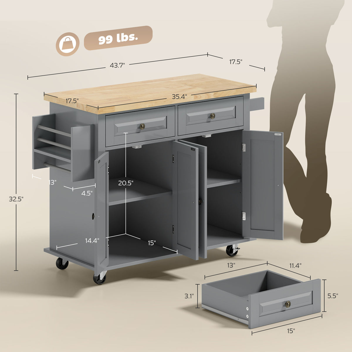 Kitchen Island Cart with Rubber Wood Top, Gray with wheels