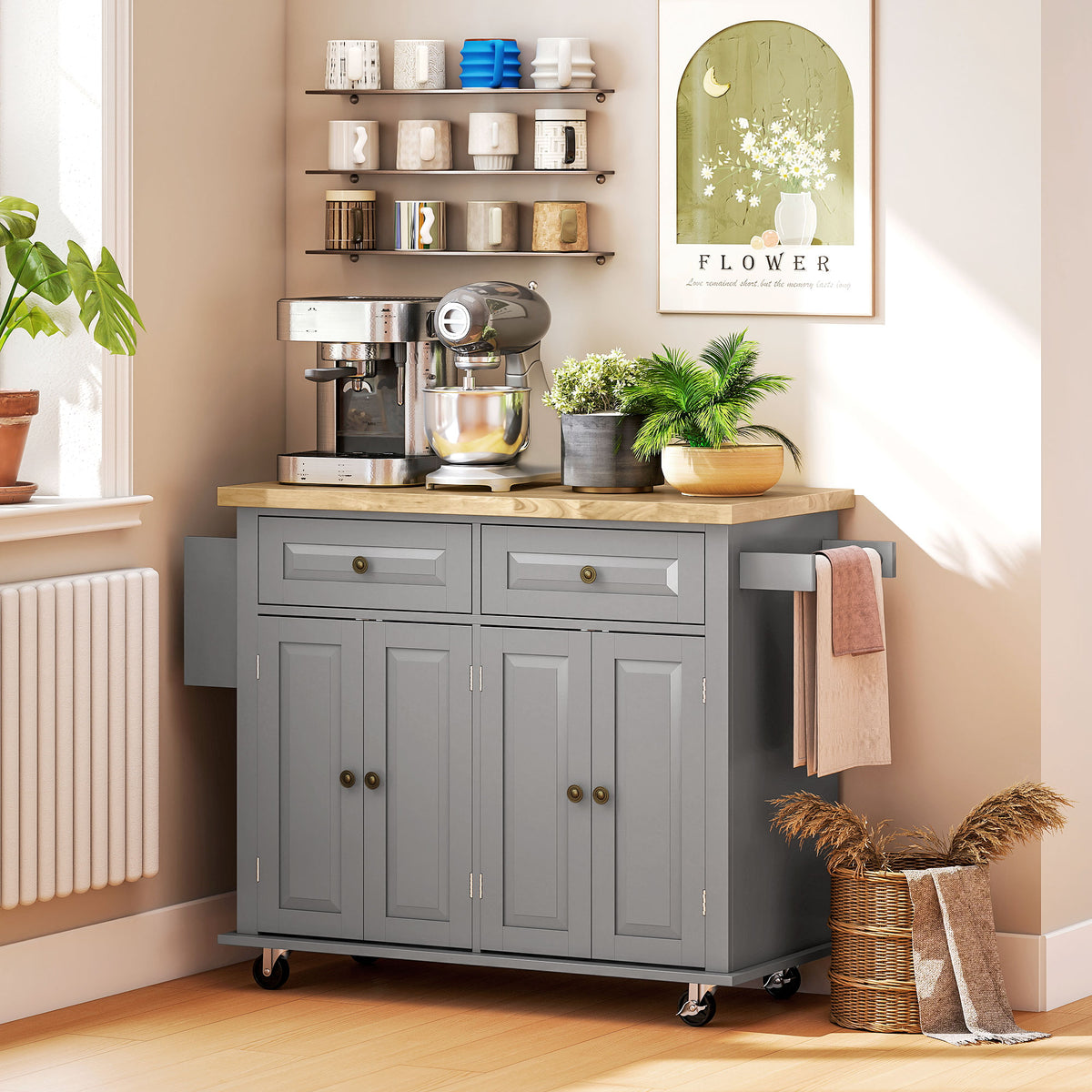 Kitchen Island Cart with Rubber Wood Top, Gray with wheels