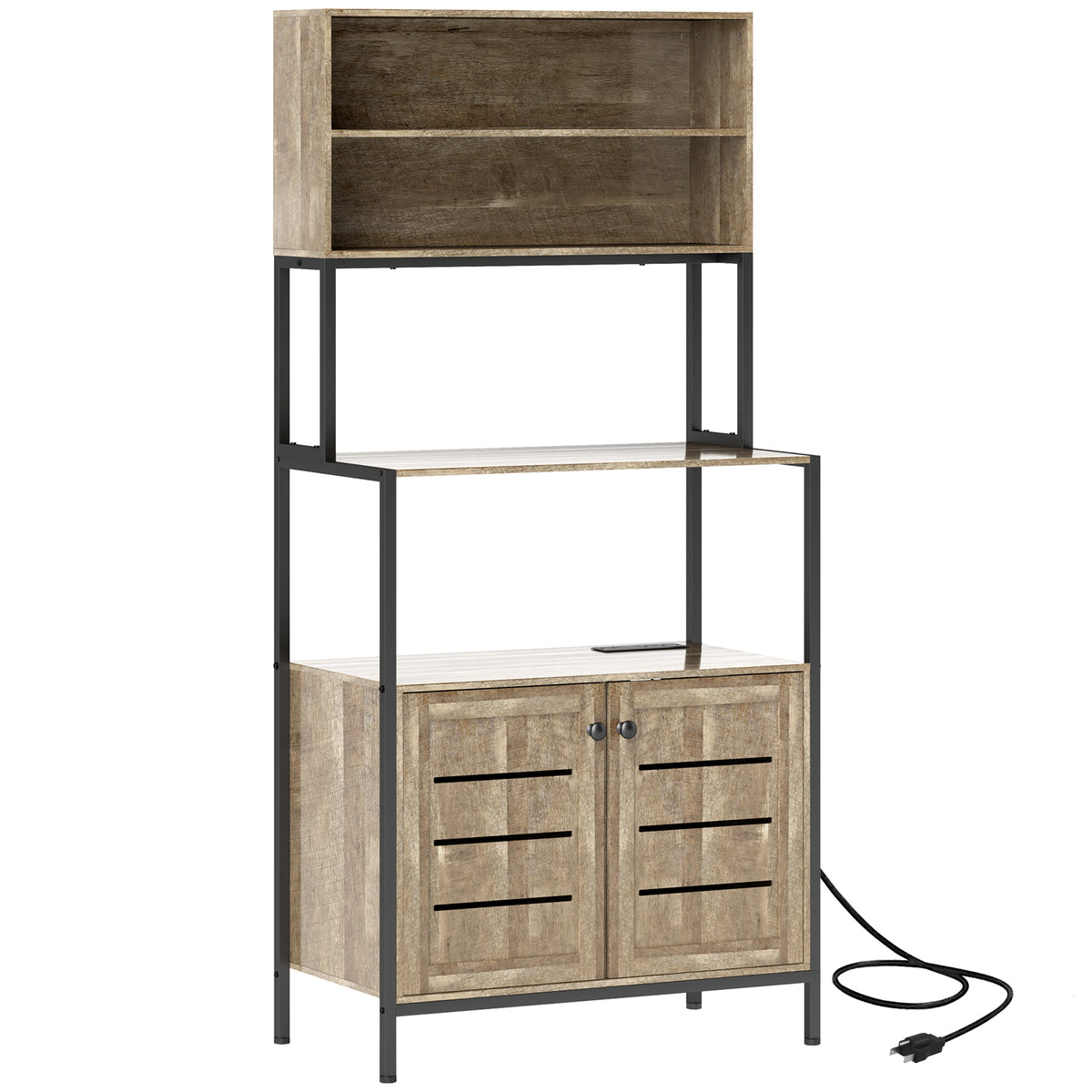 Baker's Rack with Power Outlet and Storage Shelves, Gray Wood Grain
