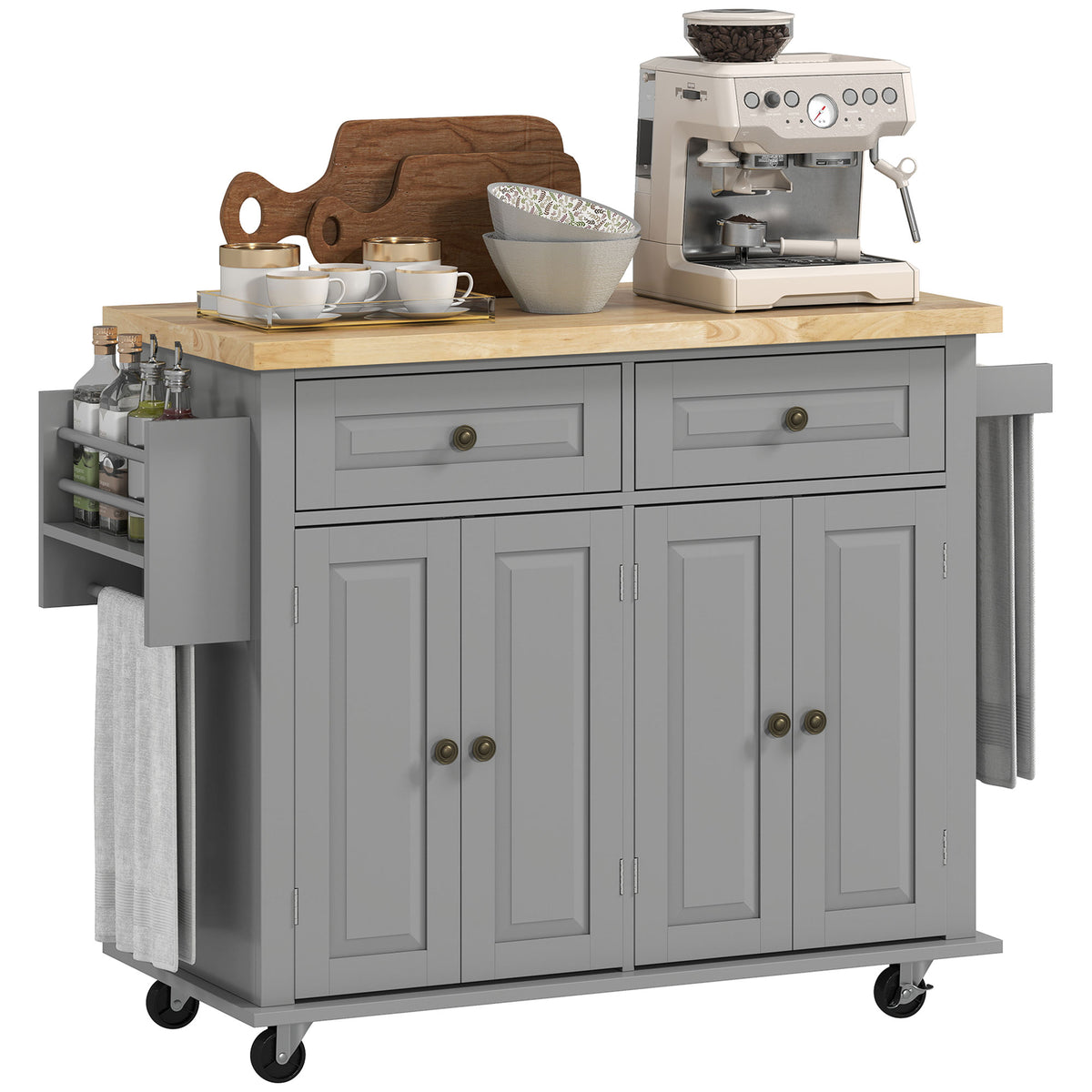 Kitchen Island Cart with Rubber Wood Top, Gray with wheels