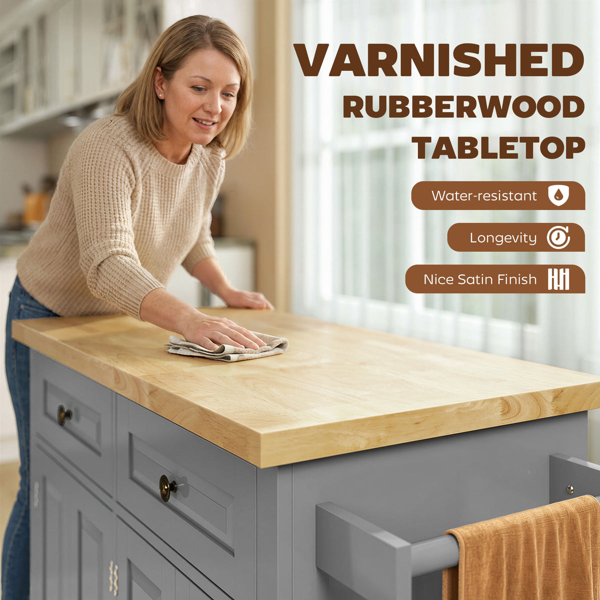 Kitchen Island Cart with Rubber Wood Top, Gray with wheels