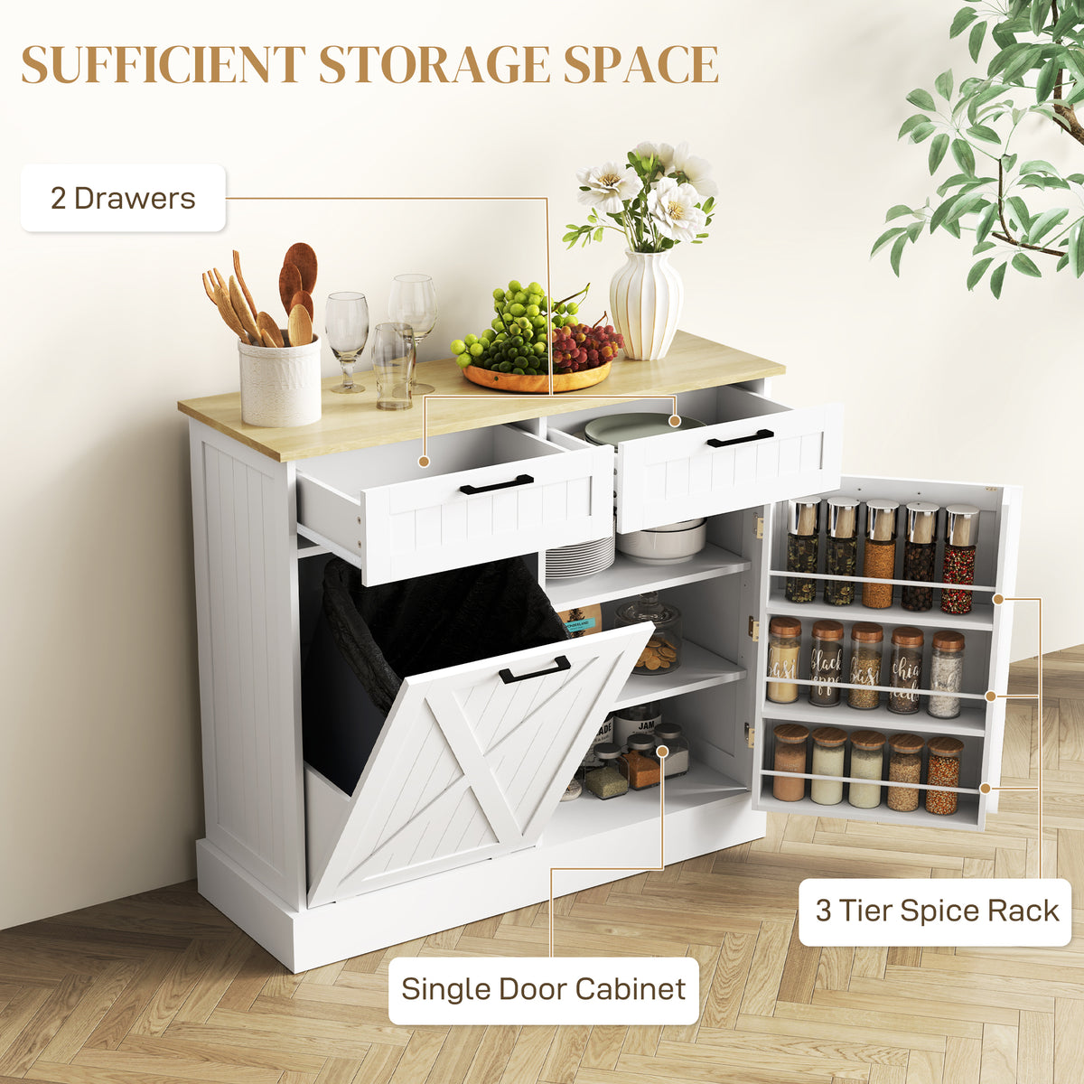 Farmhouse Kitchen Cabinet with Hidden Trash Can and 2 Drawers,