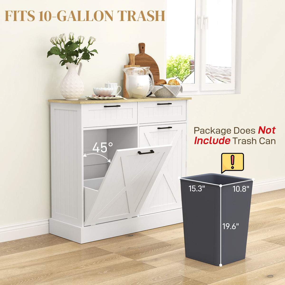 Farmhouse Kitchen Cabinet with Hidden Trash Can and 2 Drawers,