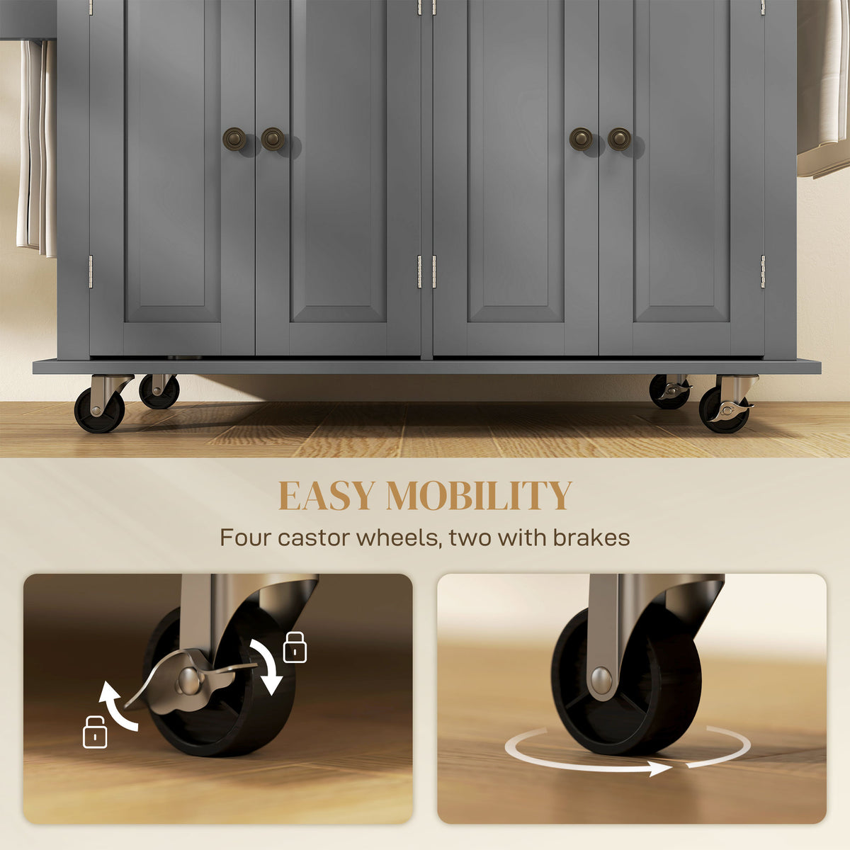 Kitchen Island Cart with Rubber Wood Top, Gray with wheels