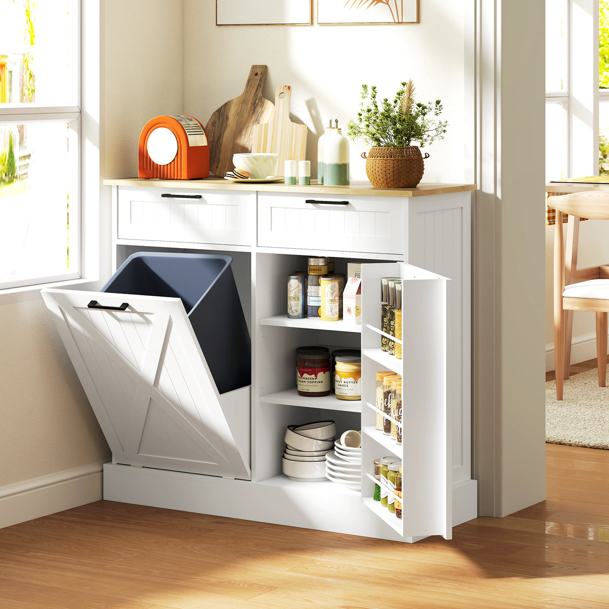 Farmhouse Kitchen Cabinet with Hidden Trash Can and 2 Drawers,