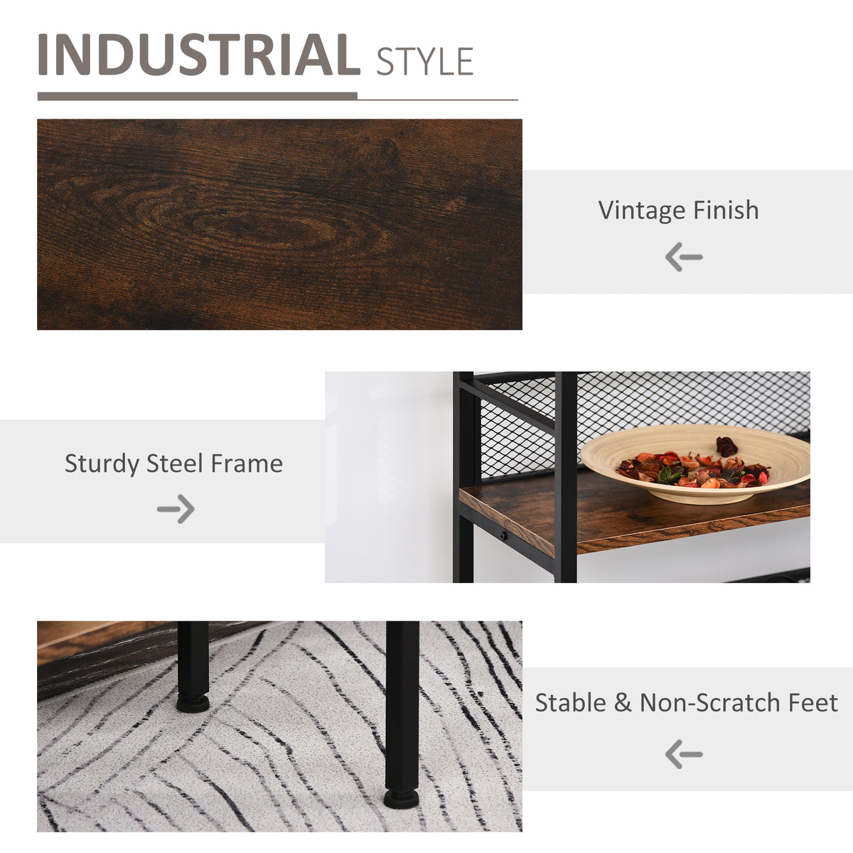 3-Tier Console Table Industrial Style Storage Shelf