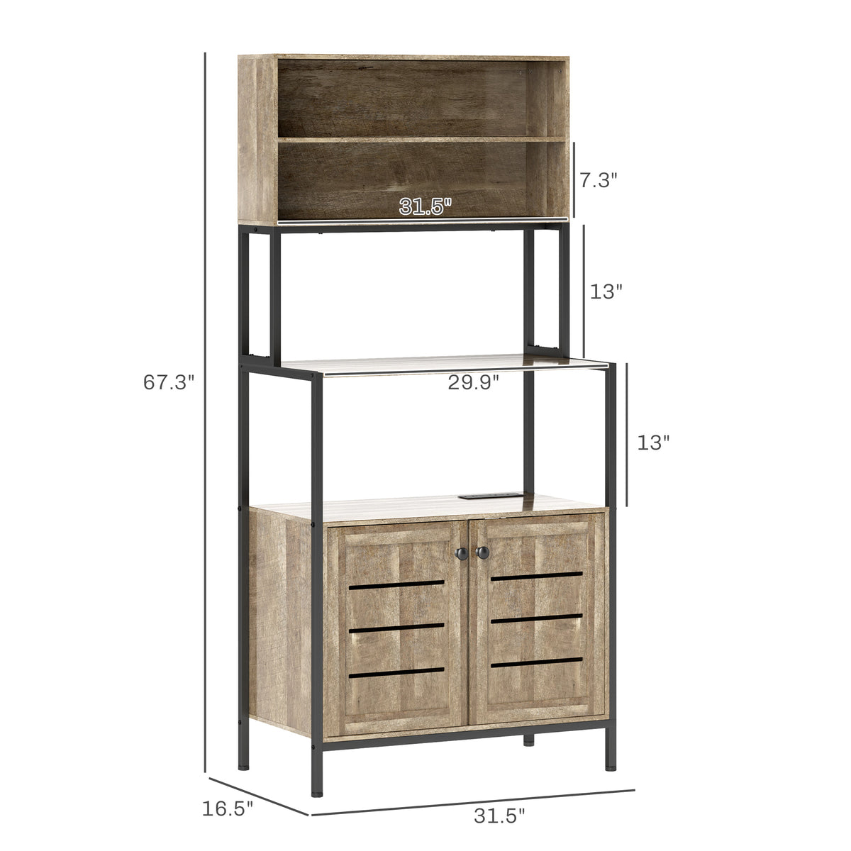 Baker's Rack with Power Outlet and Storage Shelves, Gray Wood Grain