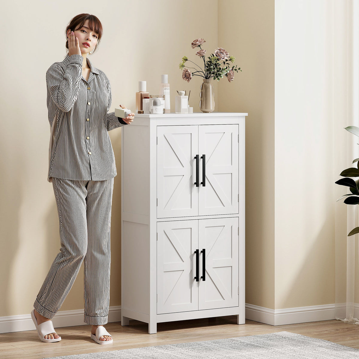 Farmhouse Bathroom Cabinet with 4 Doors and Adjustable Shelf, White