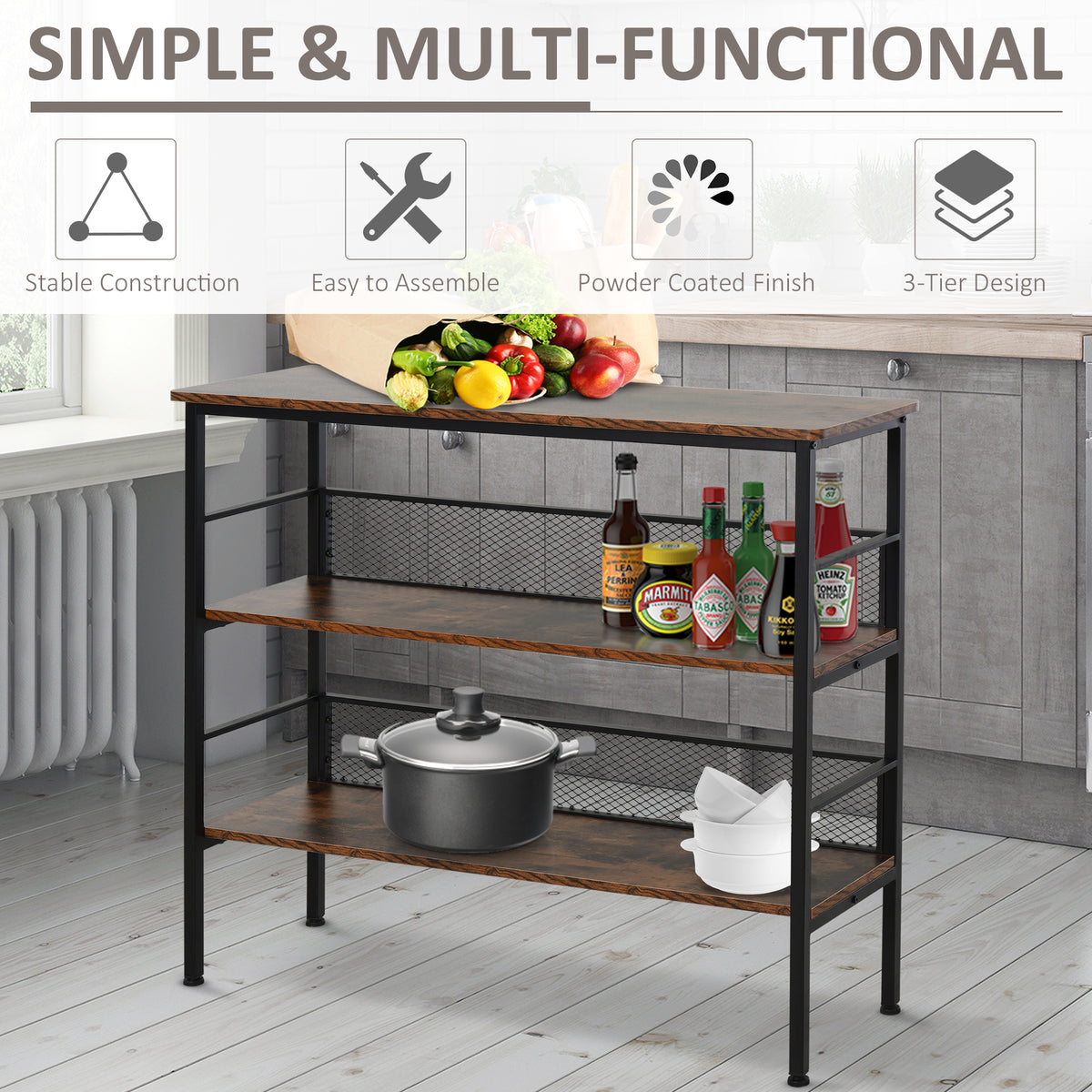 3-Tier Console Table Industrial Style Storage Shelf