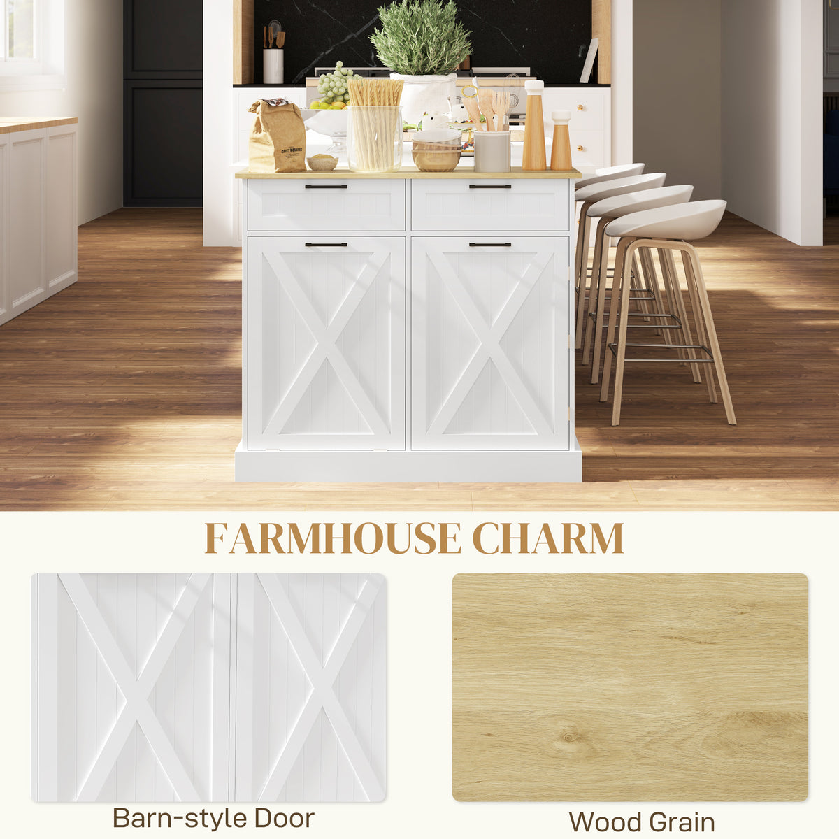Farmhouse Kitchen Cabinet with Hidden Trash Can and 2 Drawers,