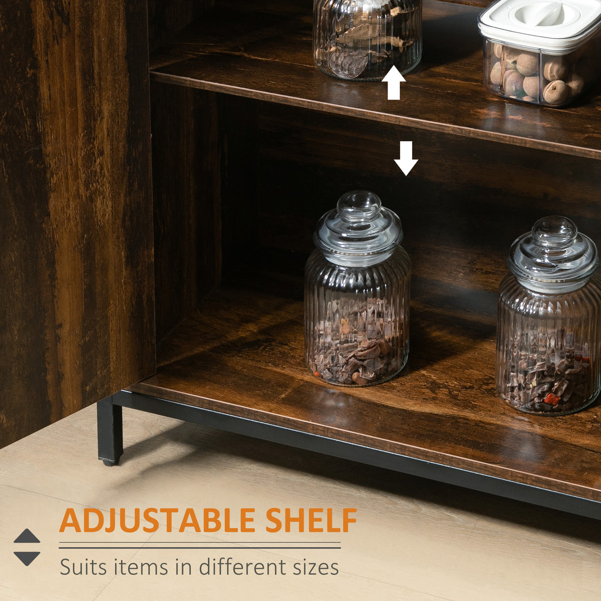 Industrial Sideboard Buffet Cabinet with Doors, Kitchen Cabinet, Coffee Bar Cabinet with Adjustable Shelves, Rustic Brown