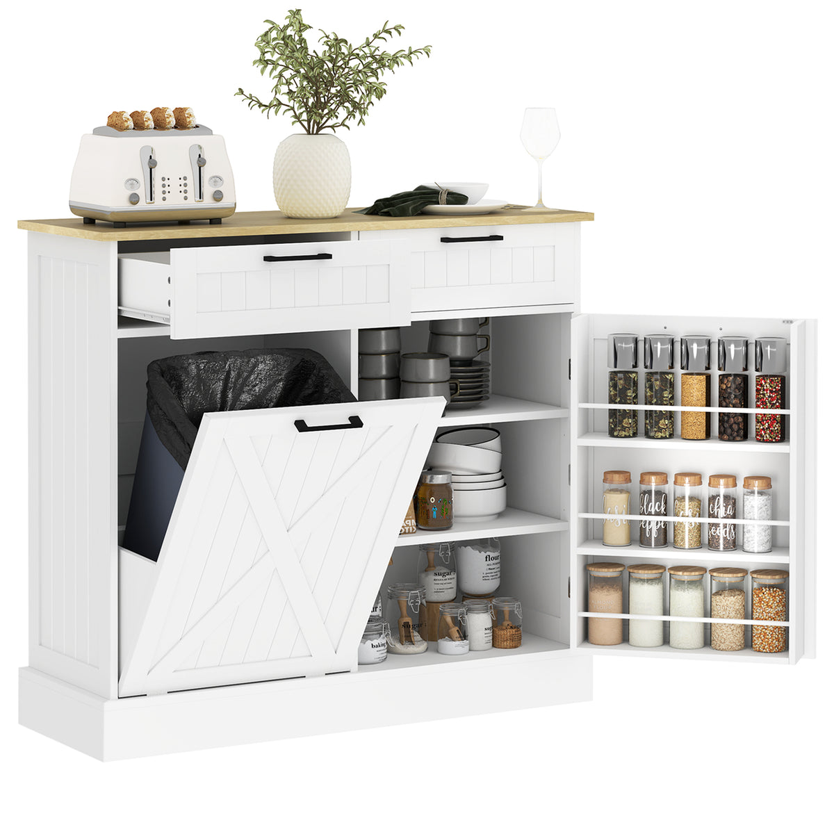Farmhouse Kitchen Cabinet with Hidden Trash Can and 2 Drawers,