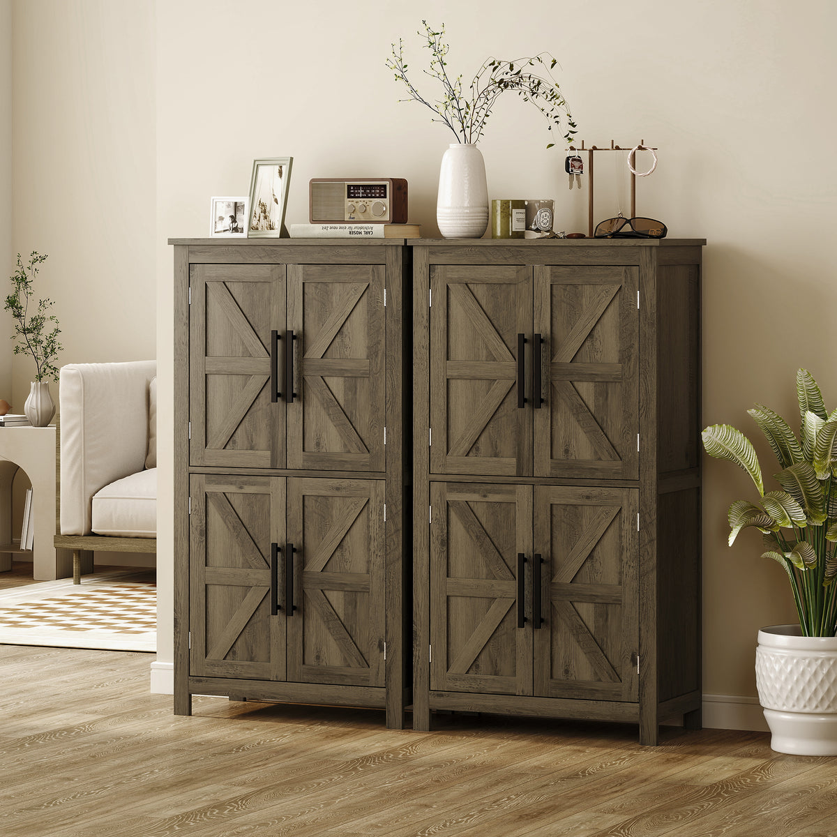 Brown Farmhouse Bathroom Cabinet with 4 Doors and Adjustable Shelf